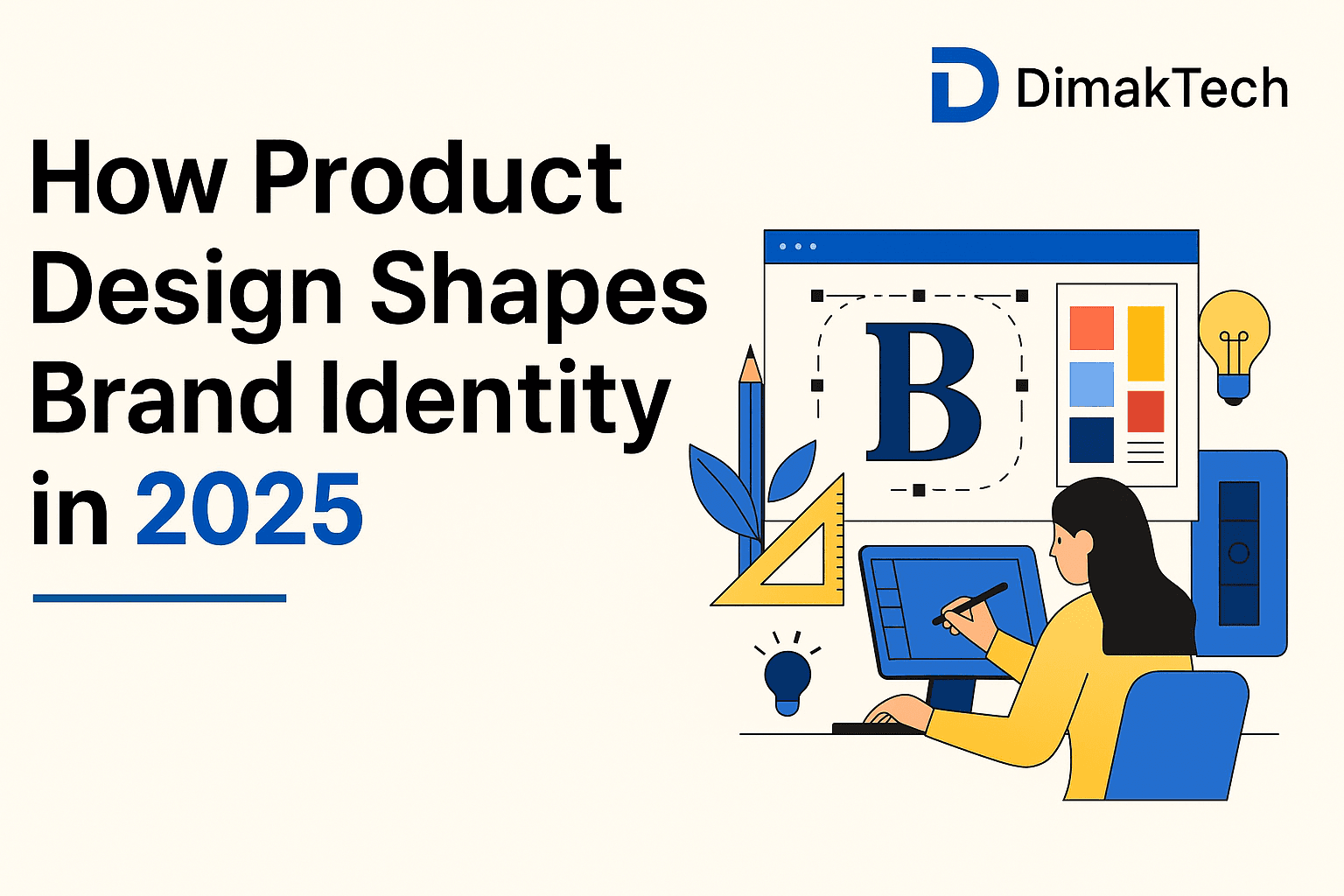 DimakTech Product Design and Brand Identity Design Services 2025 — Creative digital marketing and brand development poster featuring modern graphics, teal and navy blue theme.