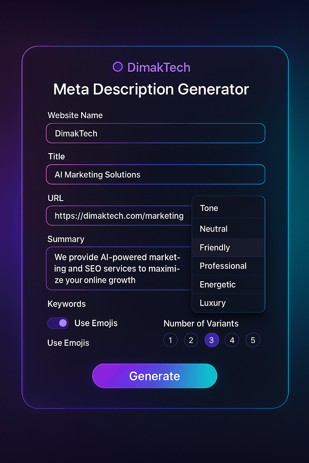 DimakTech Meta Description Generator interface showing SEO tool inputs , dark neon UI , and features for creating optimized meta descriptions