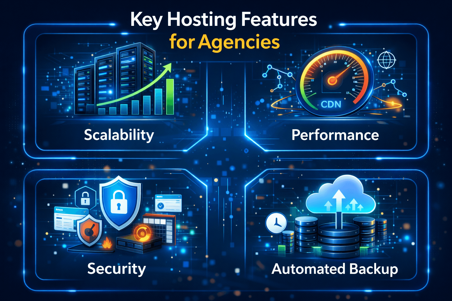 key hosting features for digital agencies scalability performance security backup