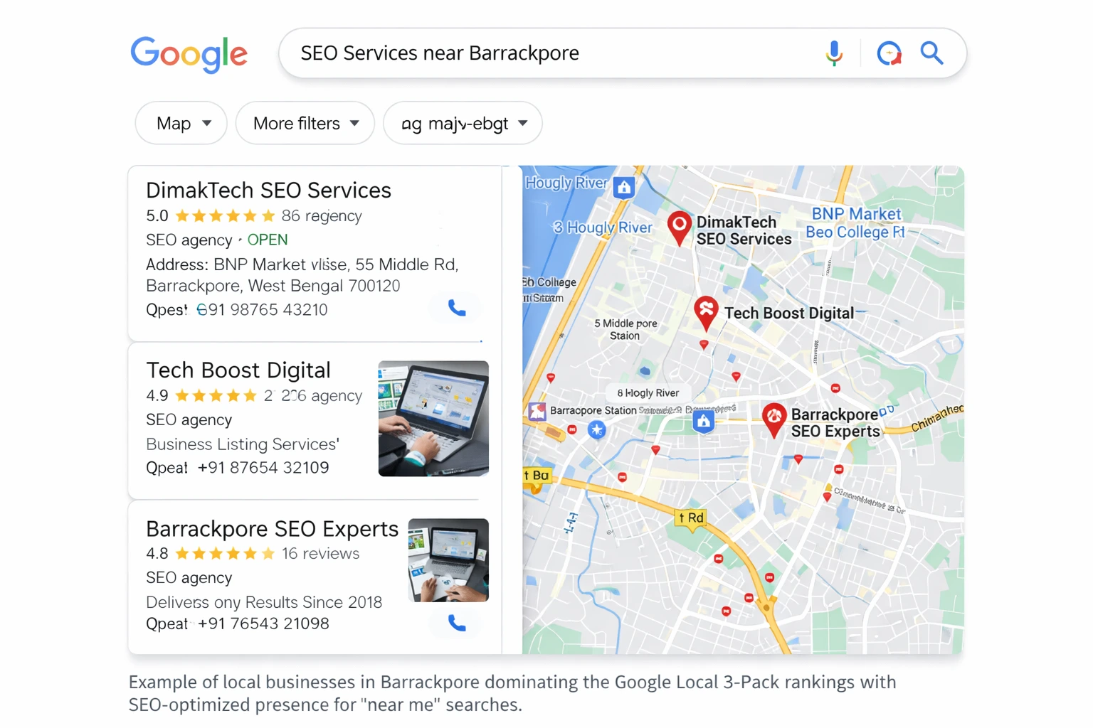 Google Maps local pack ranking showing a Barrackpore business optimized with SEO services and Google Business Profile